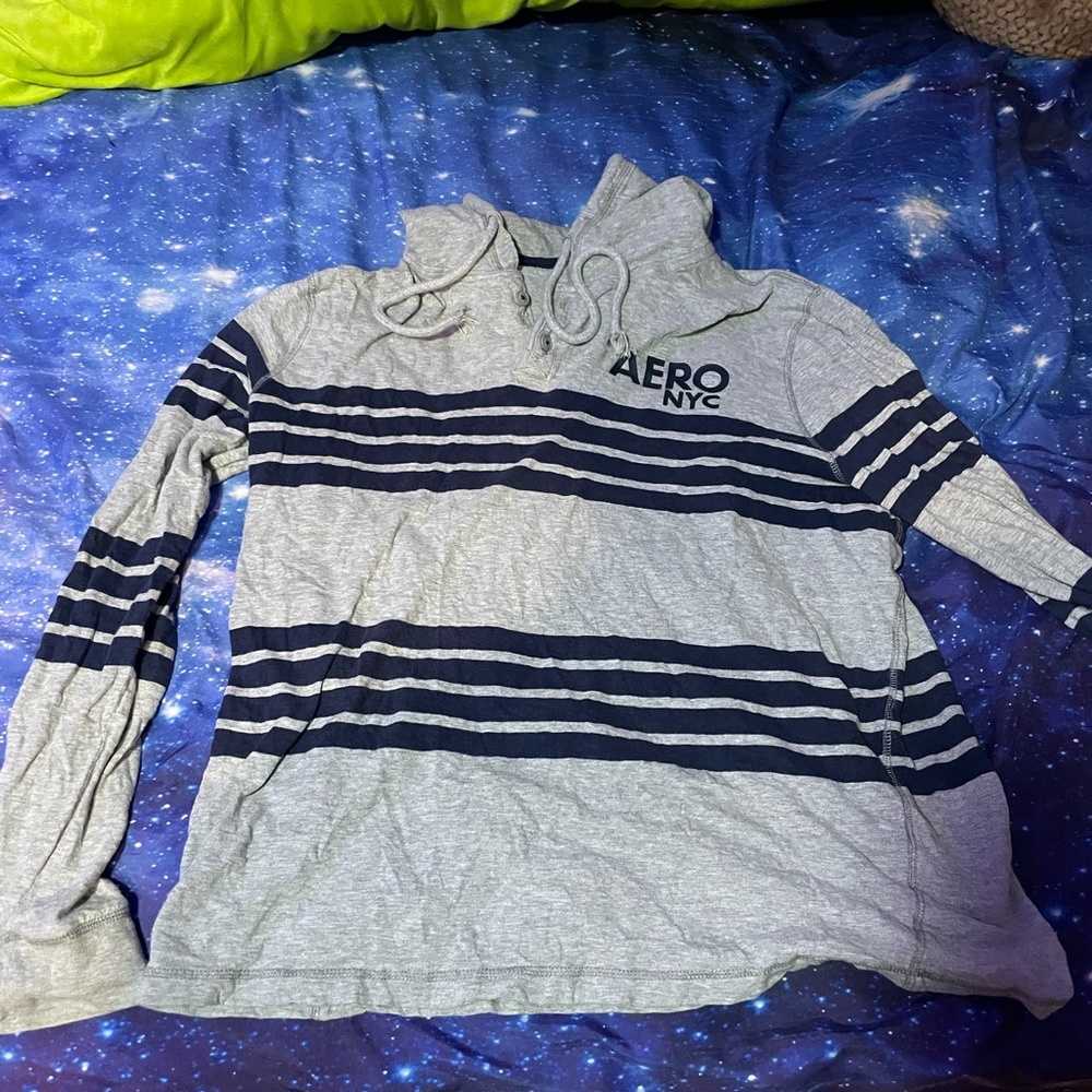 Men’s Aero NYC grey and navy striped buttoned Lightweight hoodie- Size XL🔥